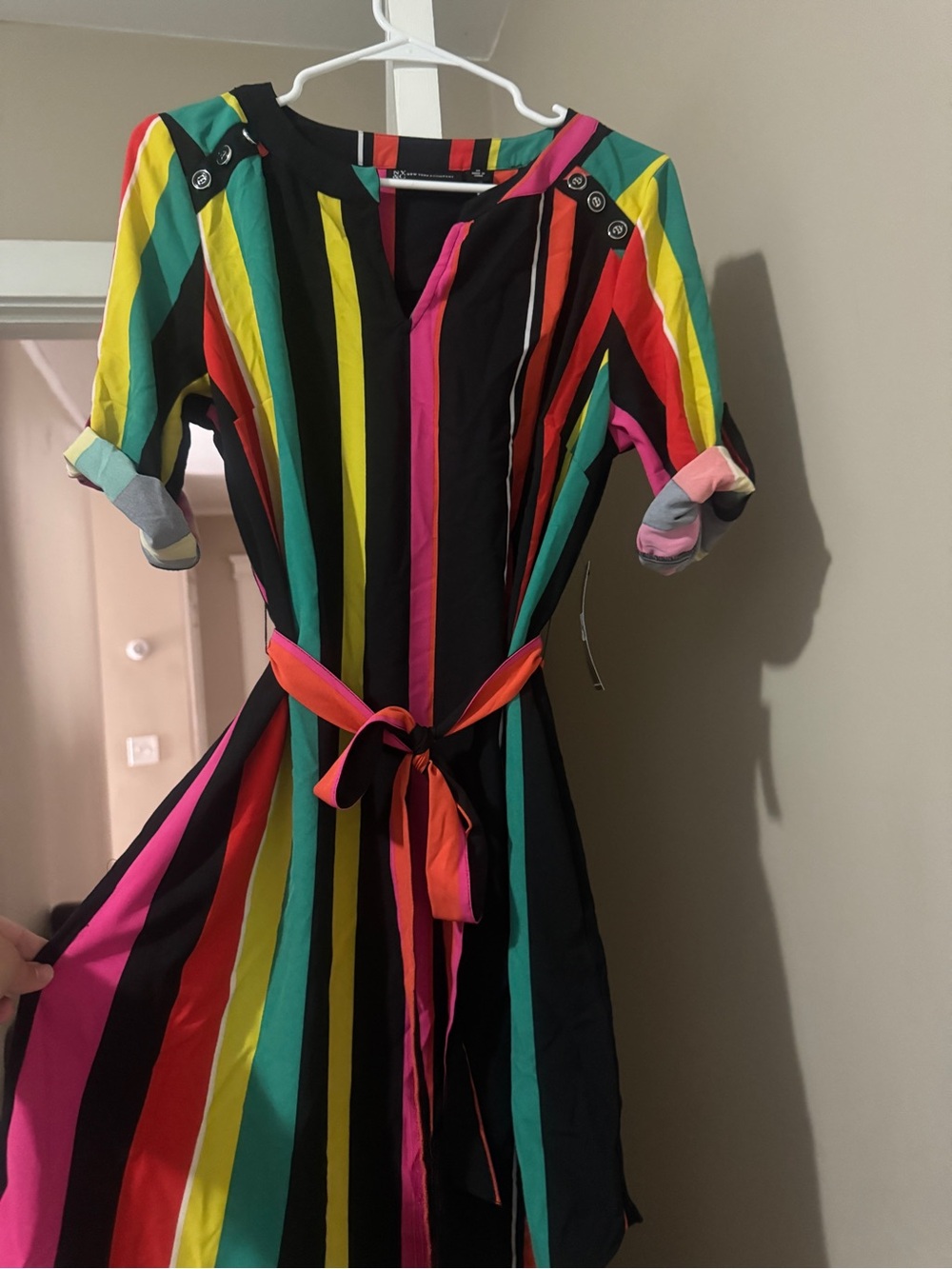 New York & Company Black Multicolor Vertical Stripe Midi Dress with Belt - Picture 2 of 4